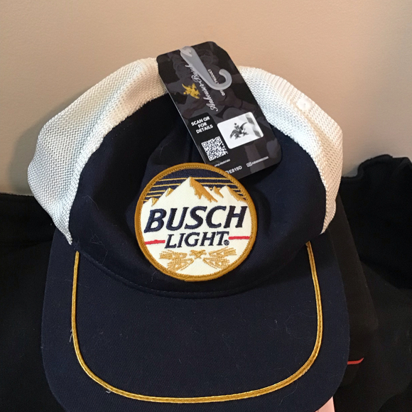 Busch Light Beer Trucker Hat Snapback Patch Mountains Logo Mesh Back Navy Gold - Picture 1 of 2
